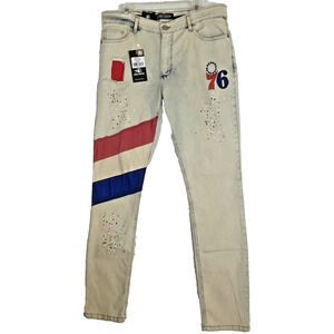 Fisll Denim Mens 36x34 NBA Philadelphia 76ers Jeans Light Red White Blue Denim